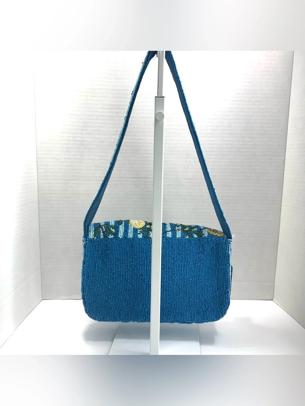 SOL and MER Beaded Striped Lemon Shoulder Bag, Made In India, Blue Multi Stripe